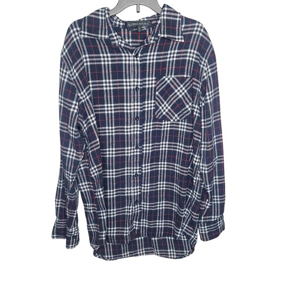 Urban Republic Men's Medium Plaid Flannel Casual Button Up Shirt Blue Red M - Picture 1 of 11